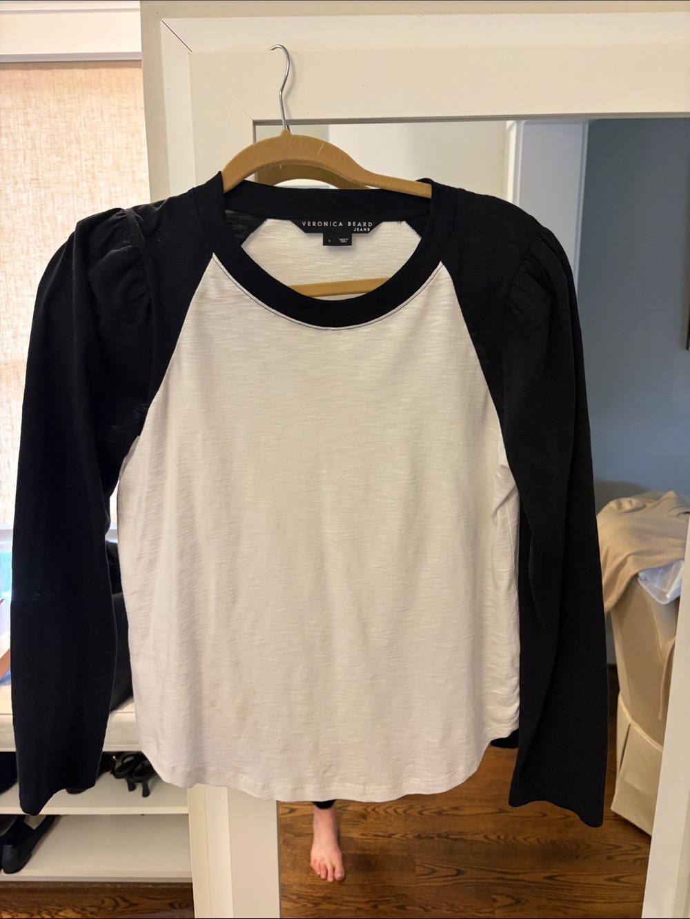 Veronica Beard Black and White Raglan Puff-Sleeve Long Sleeve Tee
